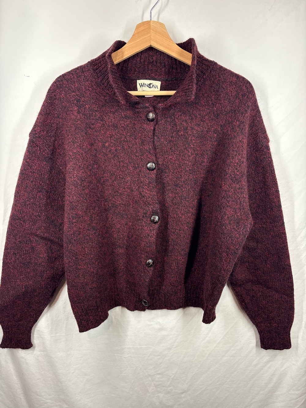 Vintage Winona Wool Cardigan Sweater Burgundy Heather Shawl Collar